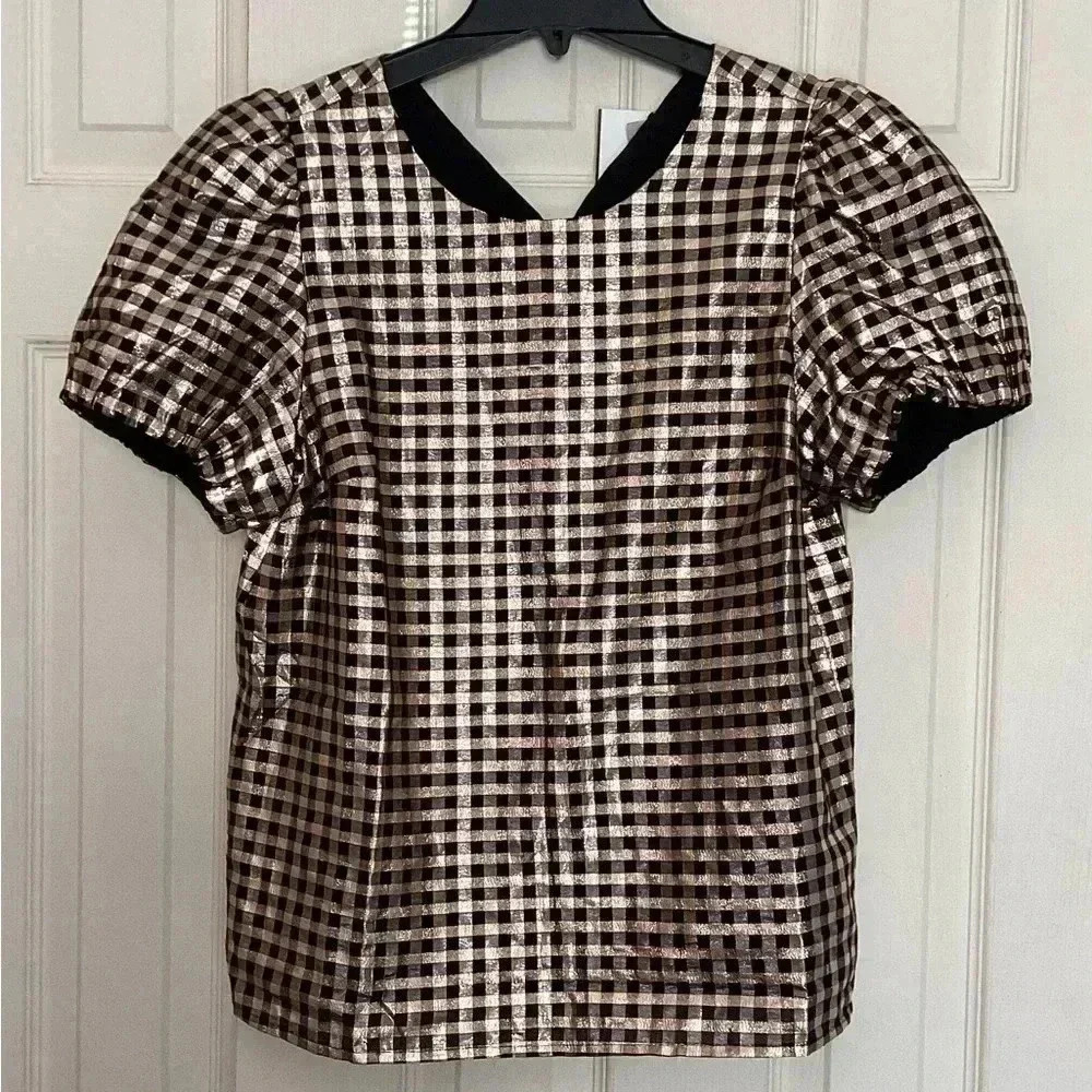 J.Crew Metallic Gold & Black Plaid Puff Sleeve Top Size Medium